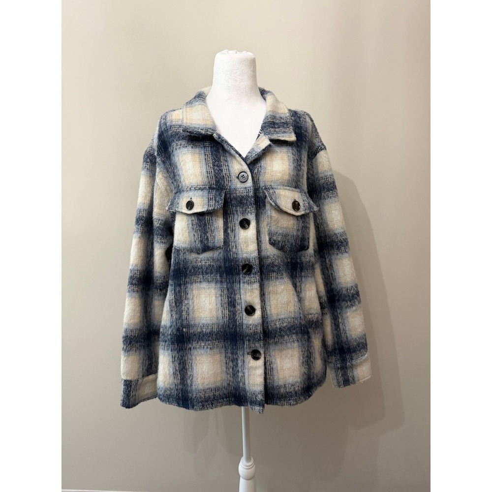 orb Blue‎ Cream Plaid Shacket XL